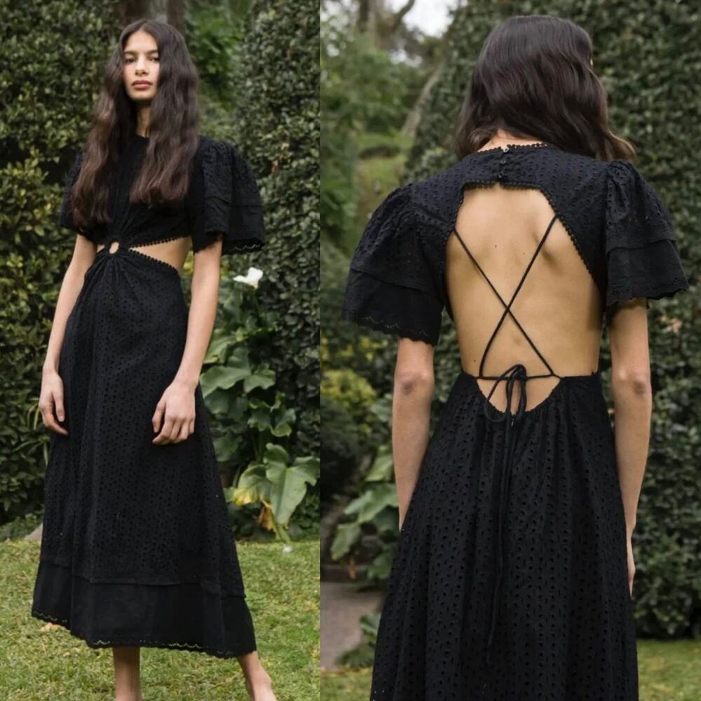 Maia Bergman Caroline Caro Eyelet Cut Out Lace Up Maxi Dress Onyx Black Size 8